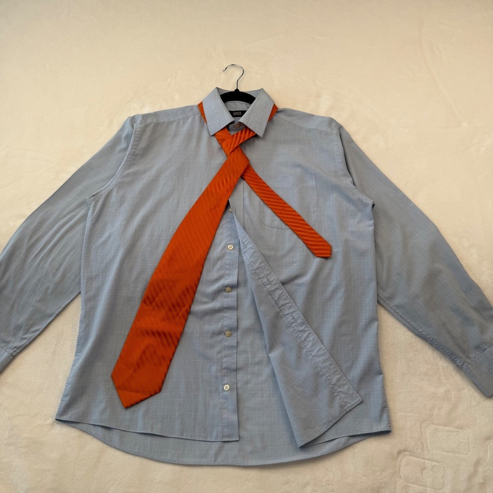 Marks & Spencer Dress Shirt Tie Set Blue Micro Check Orange Striped 15.5 39-40 - Picture 3 of 5
